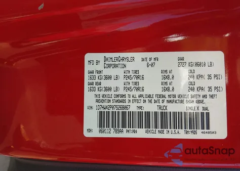 2007 Dodge Dakota Slt z USA, uszkodzony, nr VIN 1D7HW42P07S268067